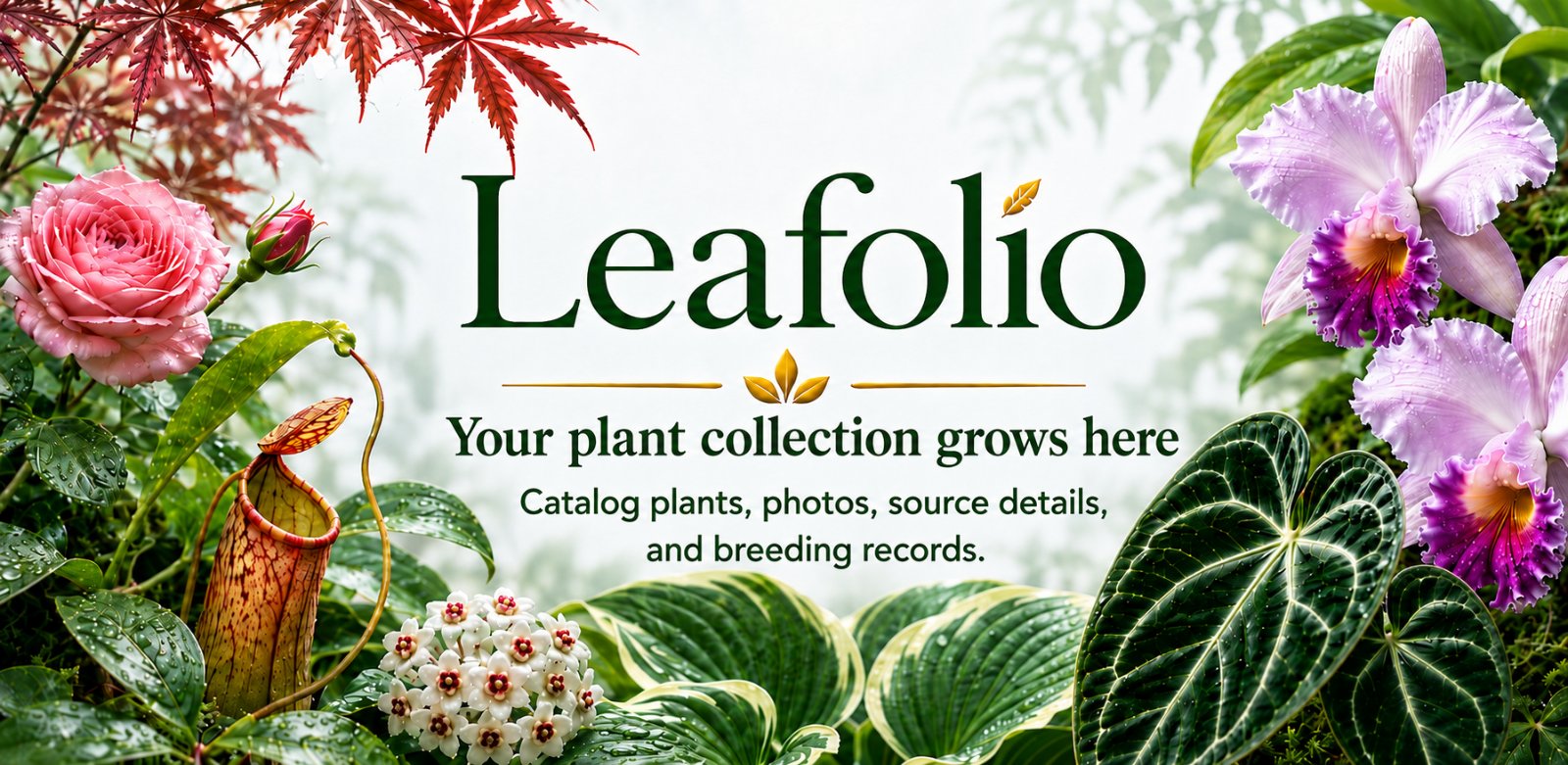 Leafolio: your plant collection grows here. Roses, orchids, maples, and rare plants surrounding the Leafolio wordmark.