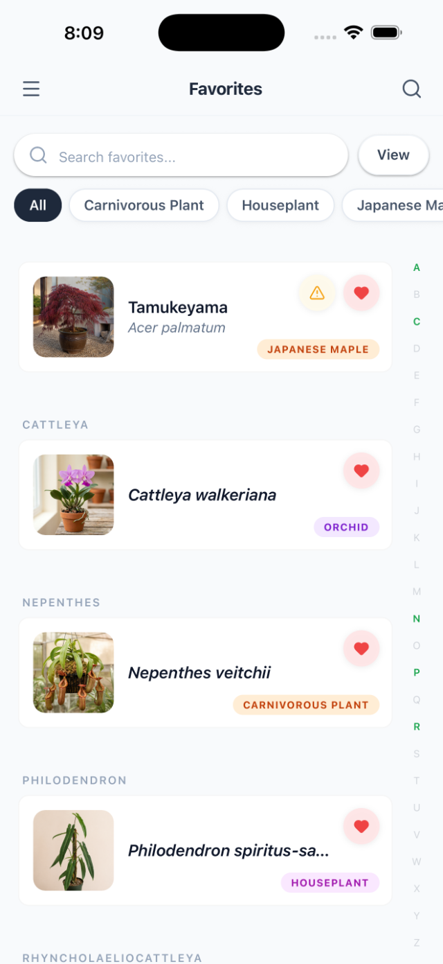Leafolio collection screen with favorites, category chips, and A to Z index