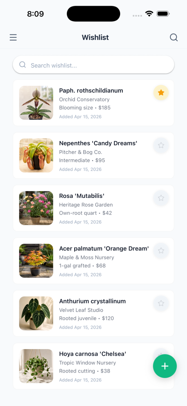 Leafolio wishlist screen with plants being hunted and their vendors